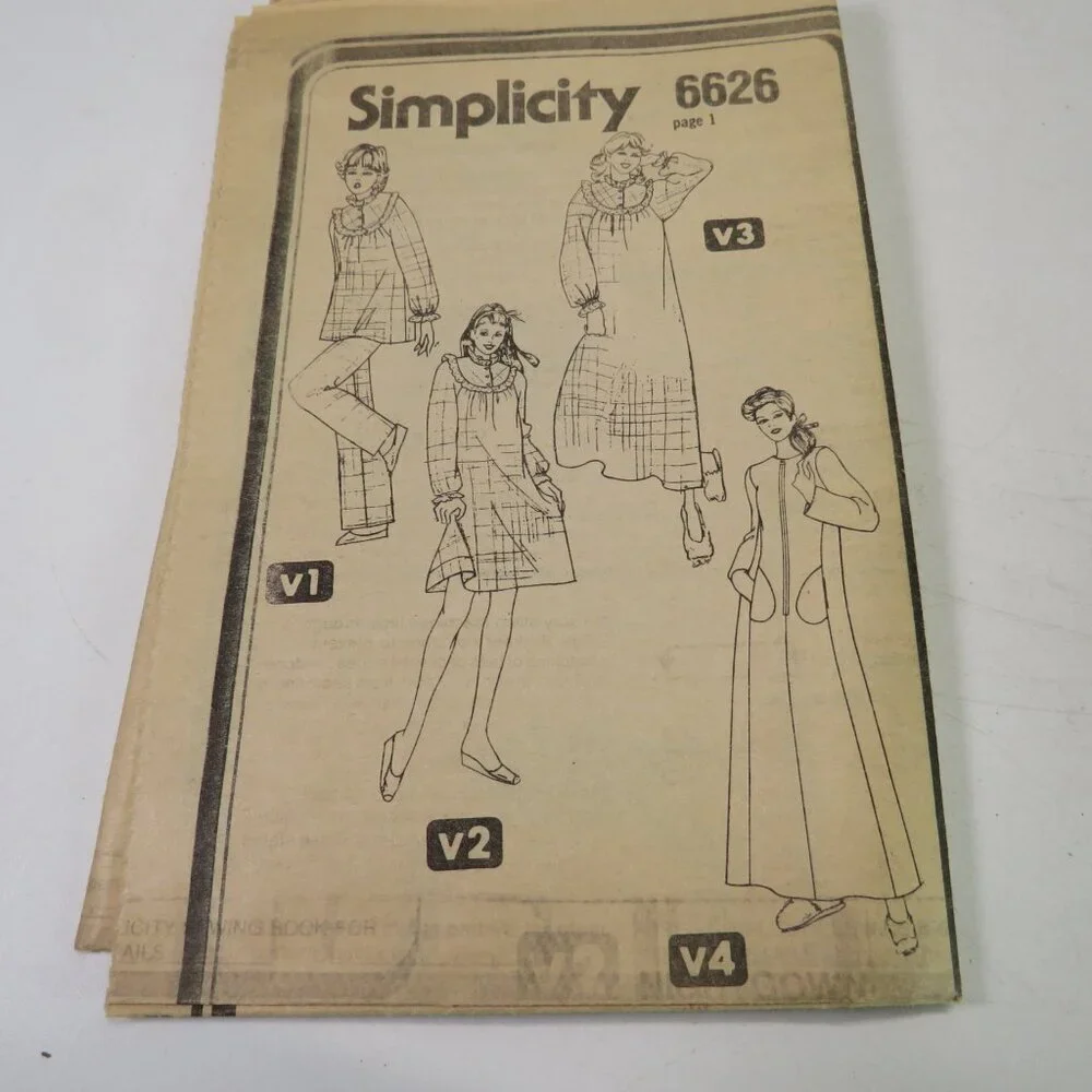 simplicity 6626 sewing pattern nightgown, top, pants, robe size 6-8